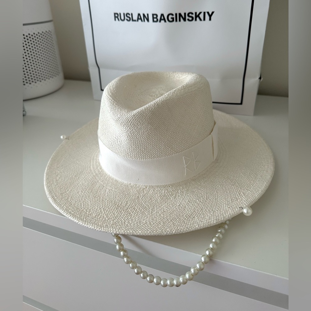 NWT Ruslan Baginskiy Straw Hat with Pearl Strap